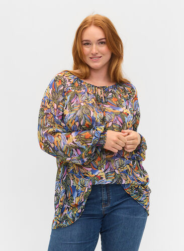 Langärmelige Bluse mit Bindeband am Halsausschnitt, Vibrant Leaf, Model image number 0