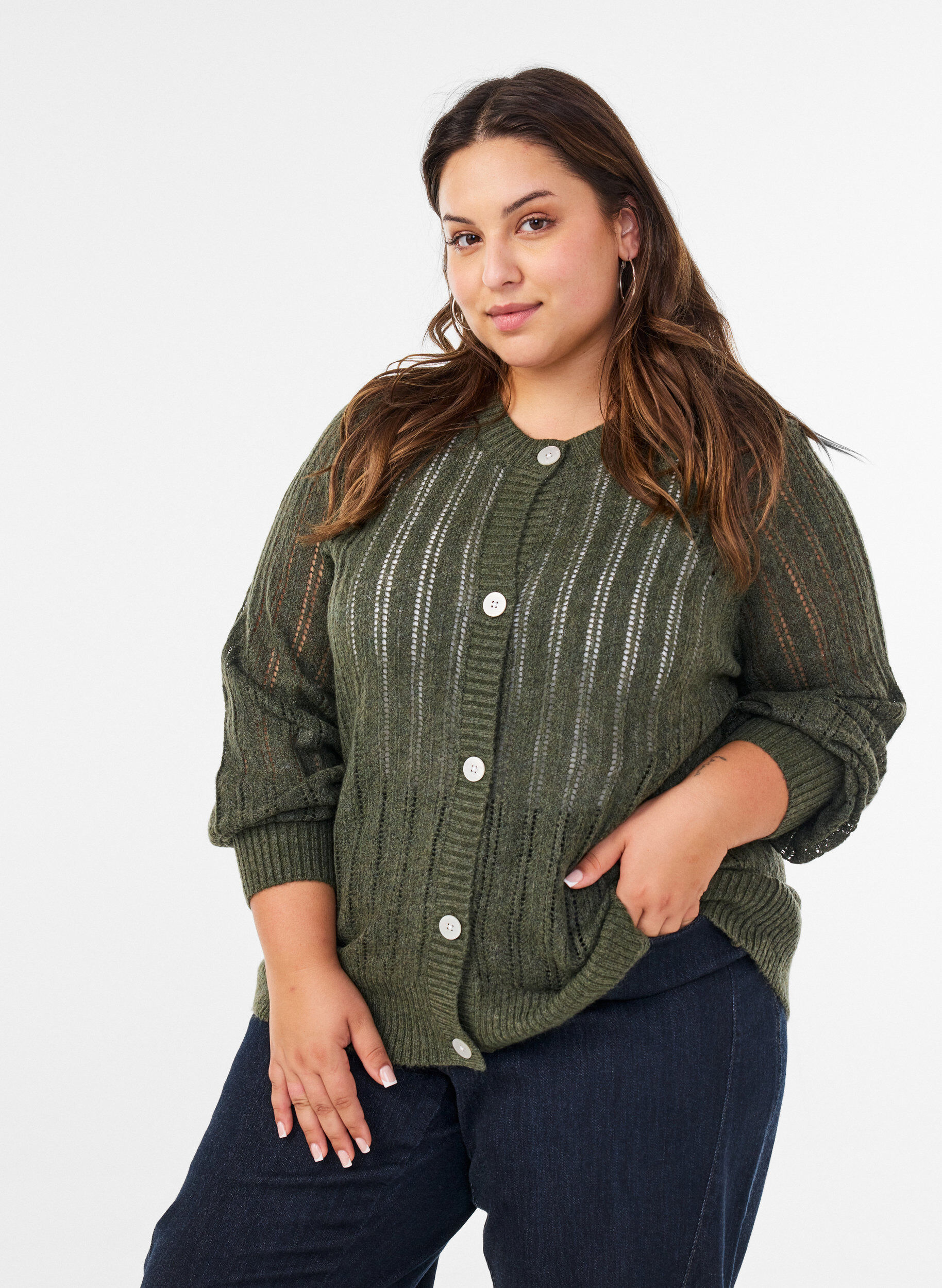 Strickjacke mit Lochmuster, Gr&uuml;n, Model