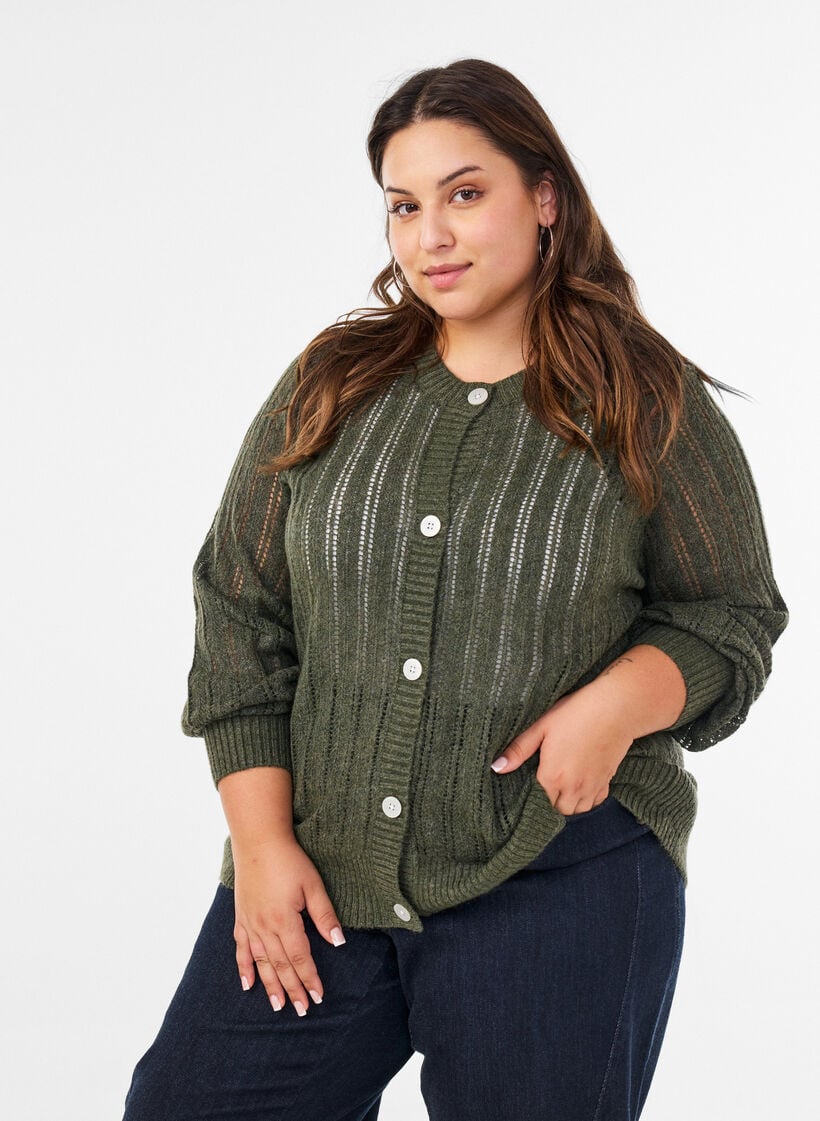 Strickjacke mit Lochmuster, Gr&uuml;n, Model image number 0