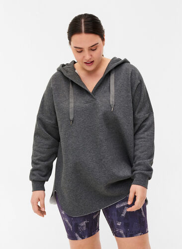 Sweatshirt mit Kapuze und Schlitz, Dark Grey Melange, Model image number 0