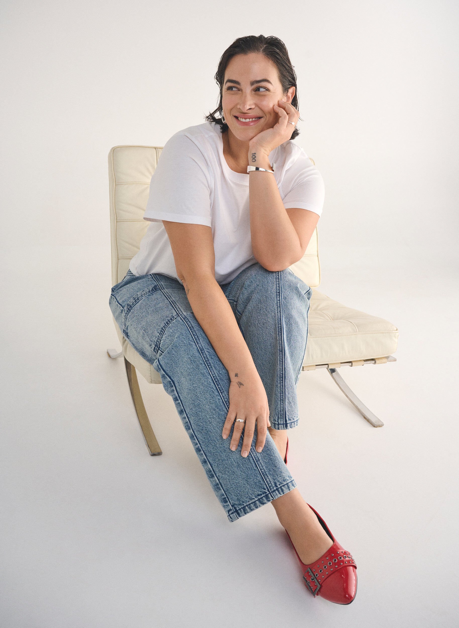 Weiße High-Waist-Jeans