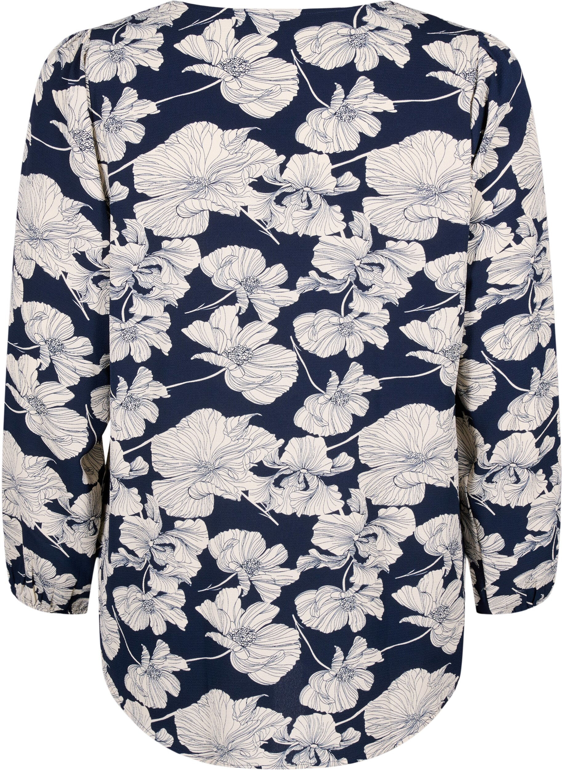 Zizzi Hemdbluse mit V-Ausschnitt und Aufdruck, Navy B. Flower AOP, Packshot image number 1