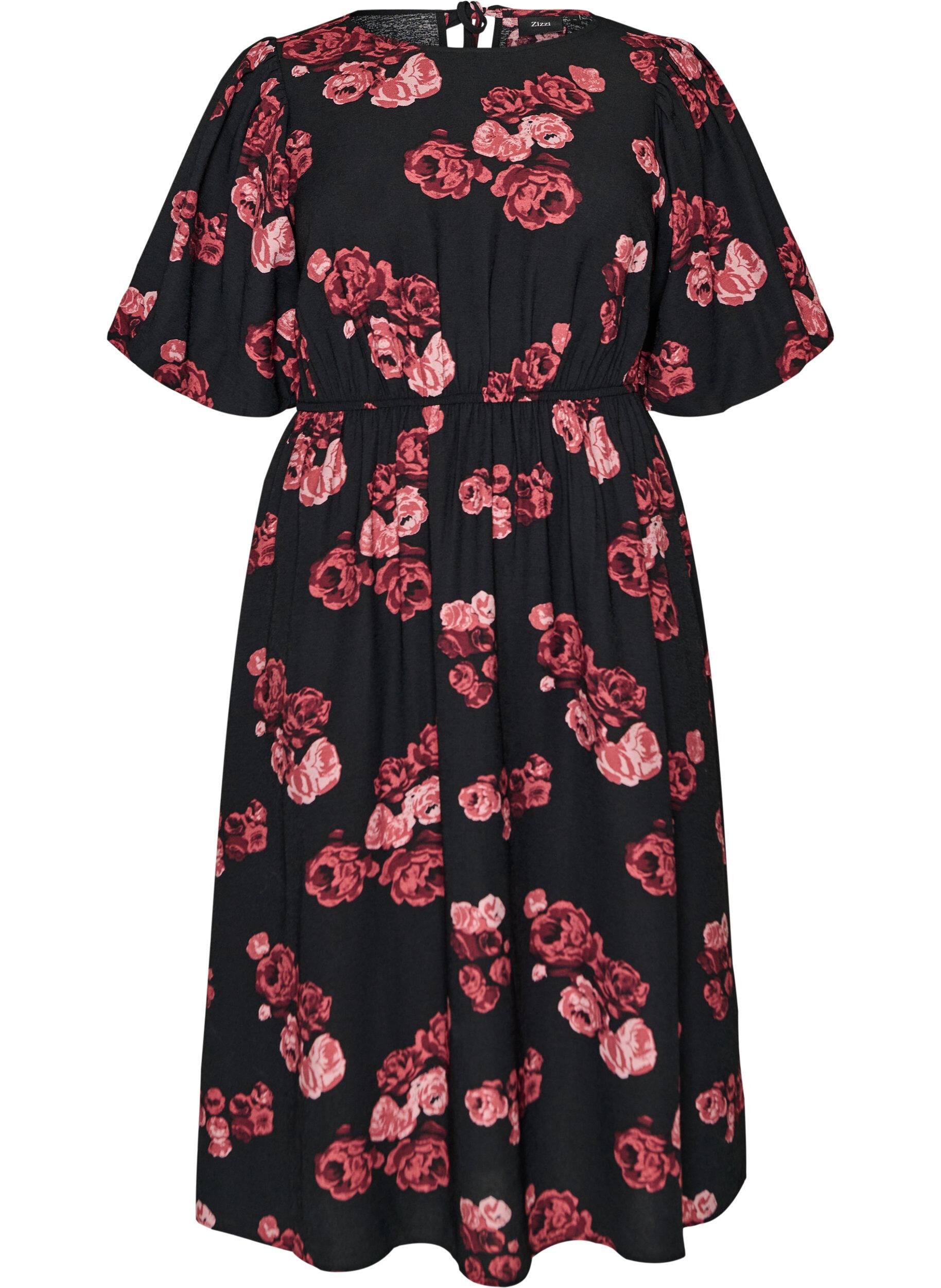 ZizziMidikleid mit Rosenprint und kurzen Ballon&auml;rmeln, Schwarz, Packshot image number 0