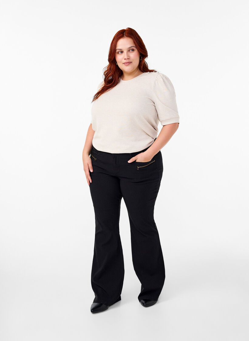 Bluse mit Knopfdetail und kurzen Puff&auml;rmeln, Beige, Model image number 1