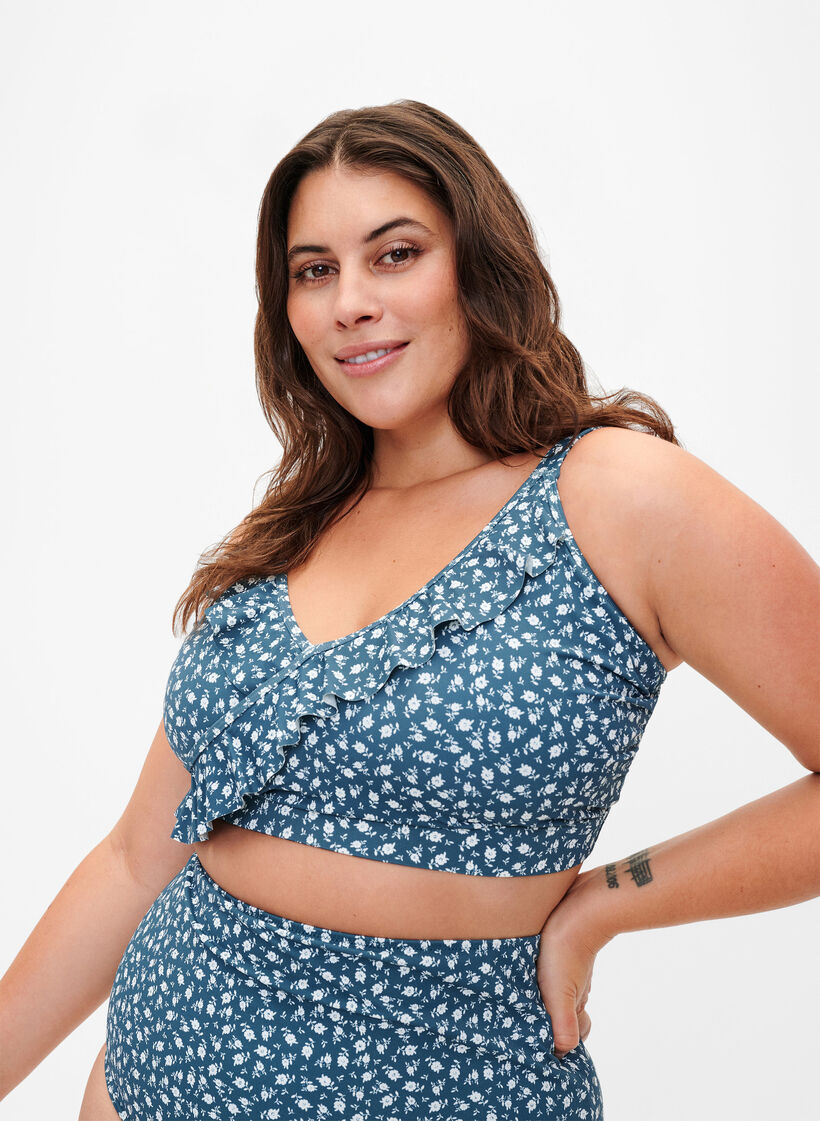 Bikini-Top mit R&uuml;schendetails und Blumenprint, Petrol, Model image number 0