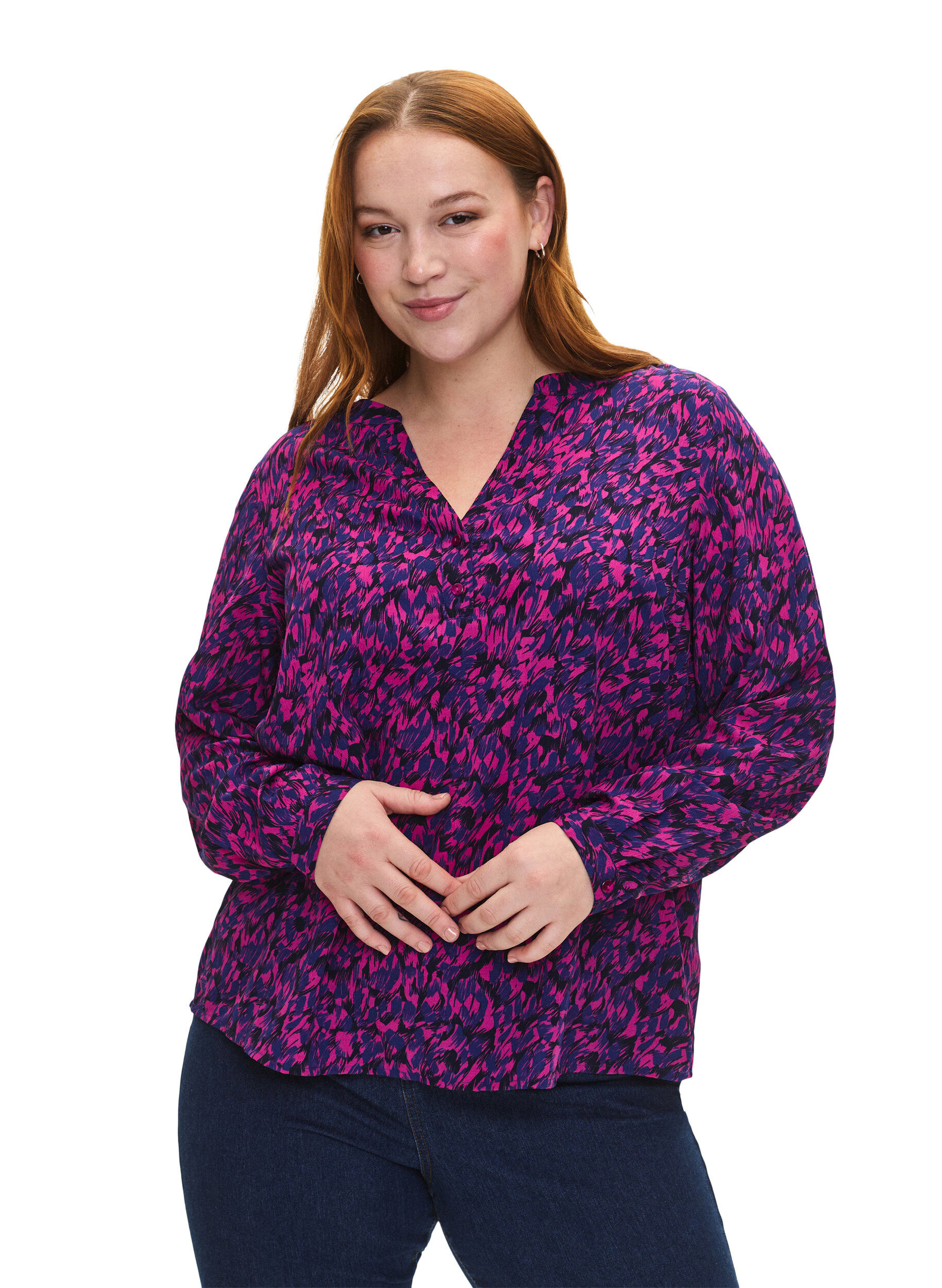ZizziFLASH &ndash; Lang&auml;rmlige Bluse mit Druck, Pink Blue AOP, Model image number 0