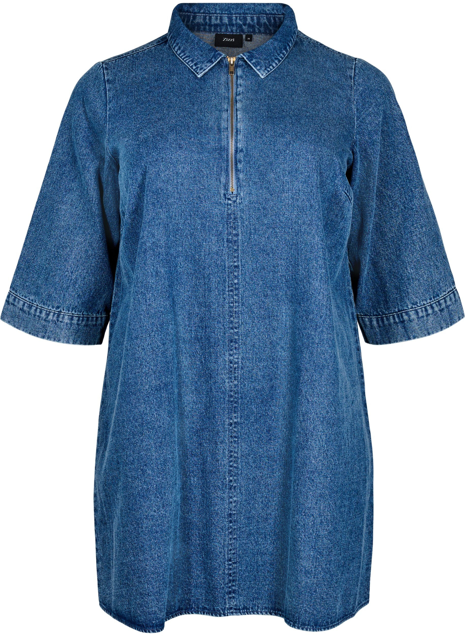 ZizziKurzes Denim-Kleid mit Rei&szlig;verschluss und 3/4-&Auml;rmeln, Blau, Packshot image number 0
