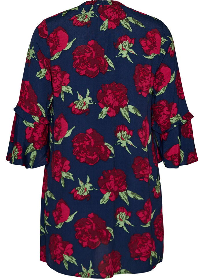 Gebl&uuml;mtes Kleid aus Viskose mit R&uuml;schen, Blau, Packshot image number 1