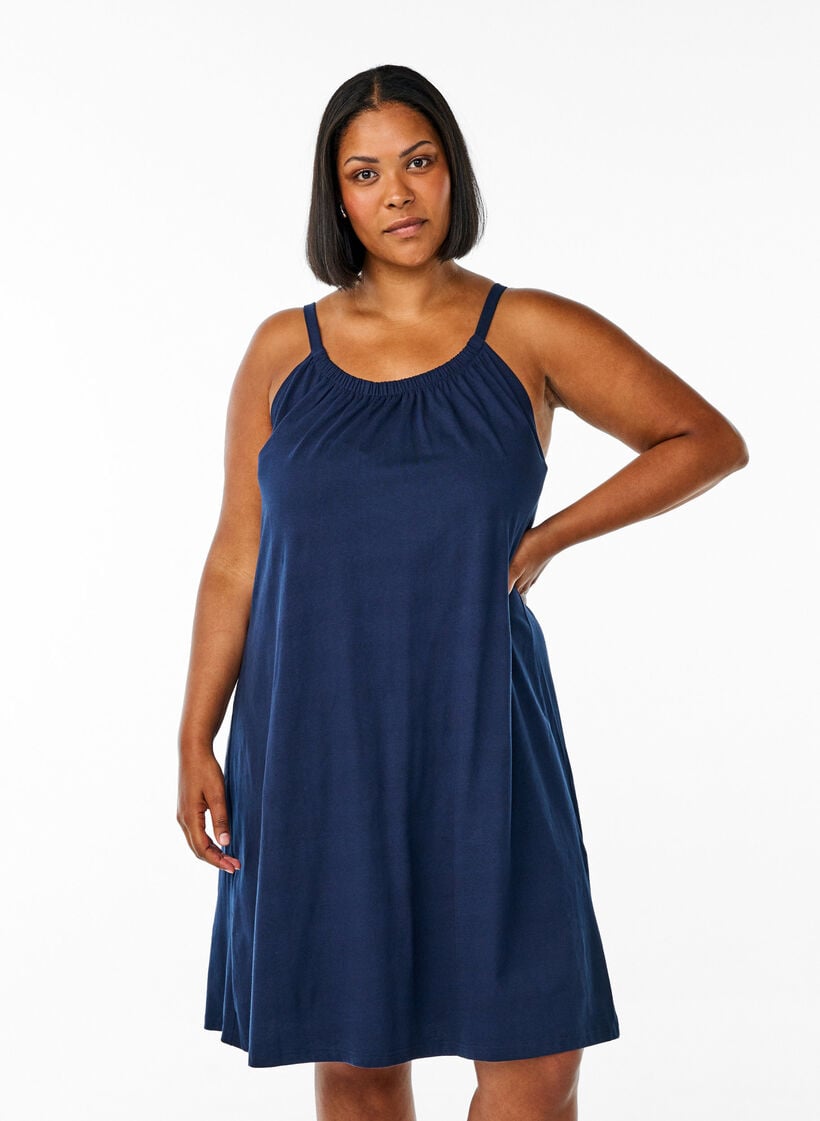 Midi-Tr&auml;gerkleid aus Bio-Baumwolle, Blau, Model image number 0