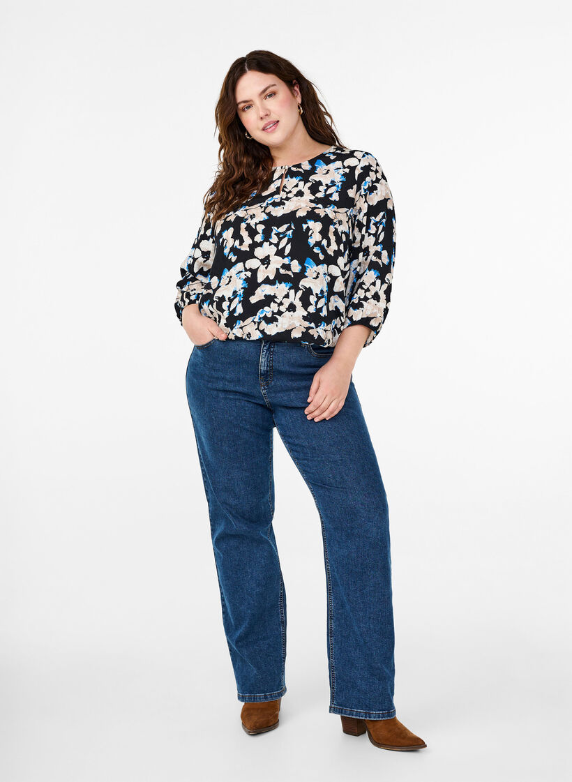  Viskosebluse mit Print und Kittel, Schwarz, Model image number 1