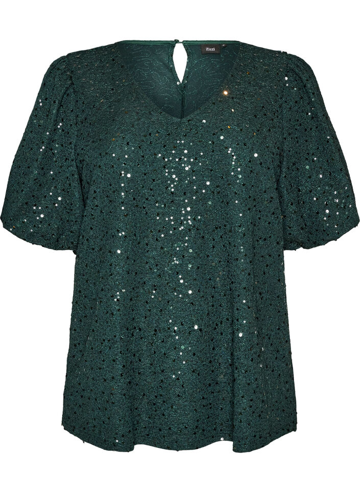 Paillettenbluse mit Ballon&auml;rmeln, Gr&uuml;n, Packshot image number 0