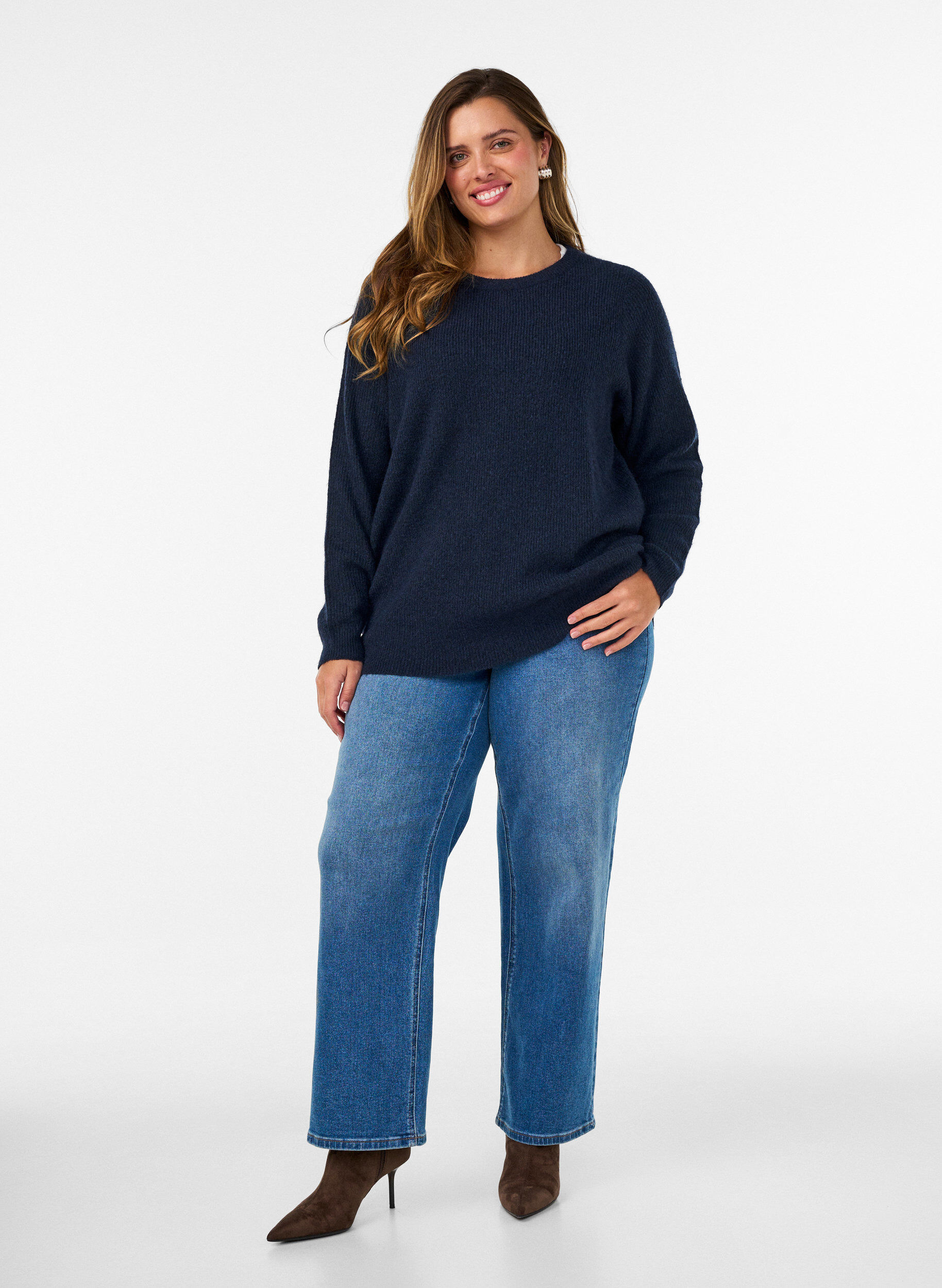 ZizziMelierte Strickbluse mit Rundhalsausschnitt, Blau, Model image number 1