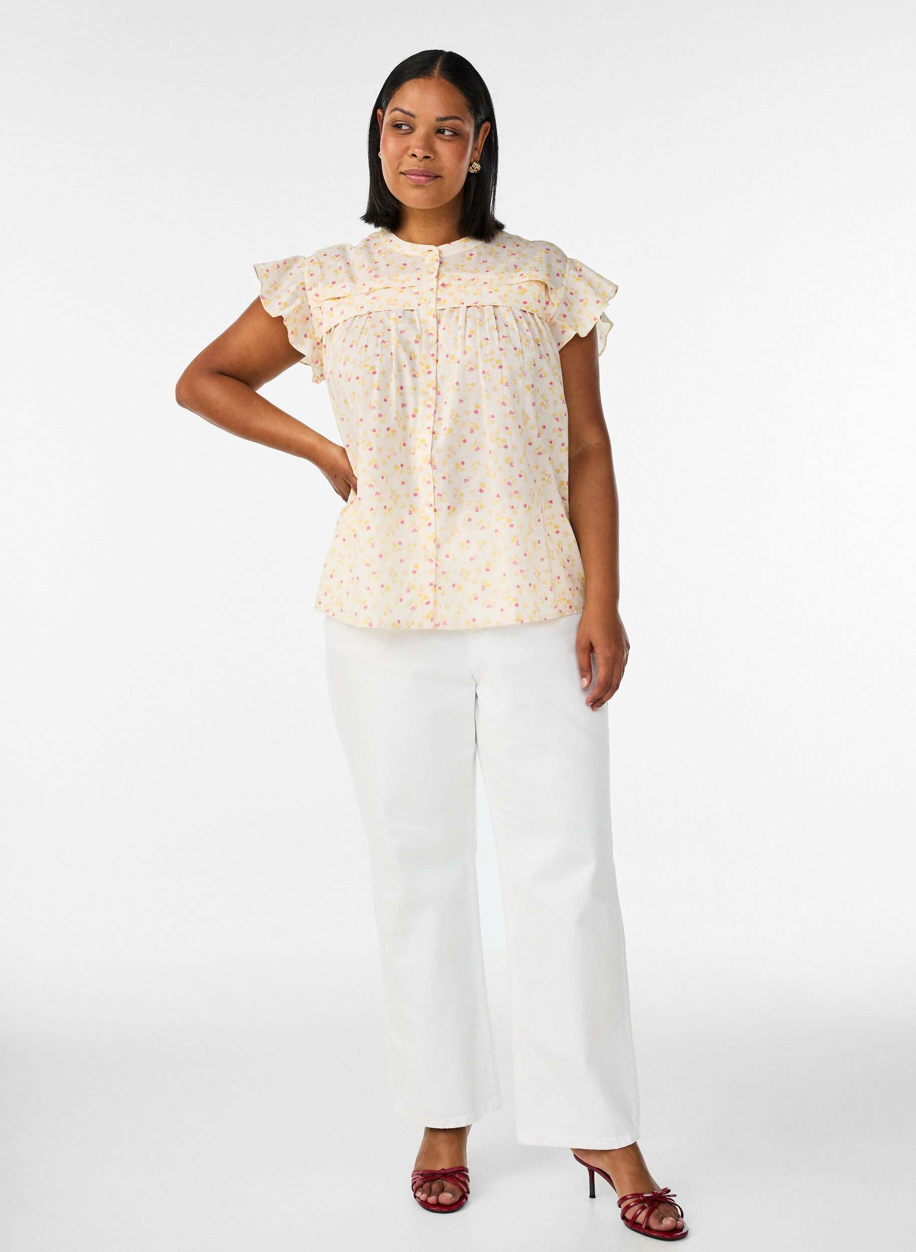 Zizzi&Auml;rmellose Hemdbluse in A-Linie aus Baumwolle, Gelb, Model image number 1