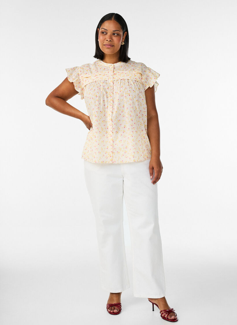 &Auml;rmellose Hemdbluse in A-Linie aus Baumwolle, Gelb, Model image number 1