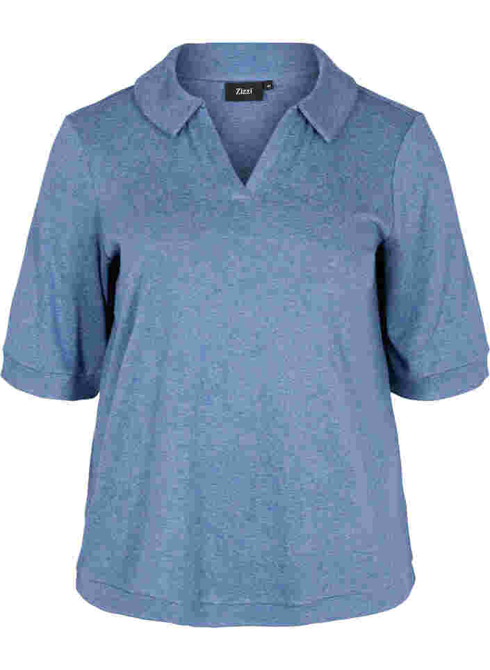 Melierte Bluse mit Kragen und 2/4-Ärmeln, Blue Melange, Packshot image number 0