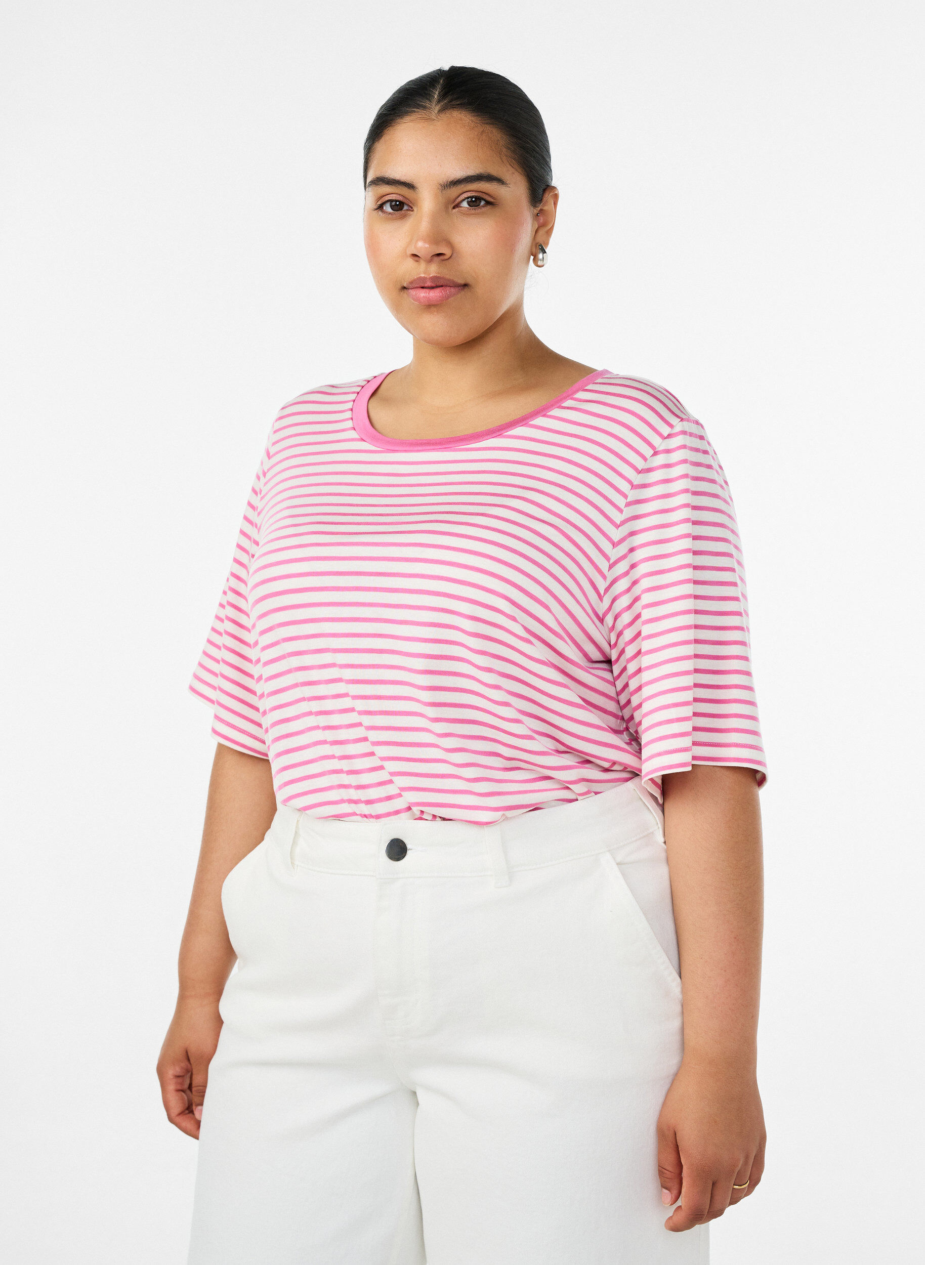 ZizziGestreiftes T-Shirt aus TENCEL&trade; Lyocell, Pink, Model image number 0