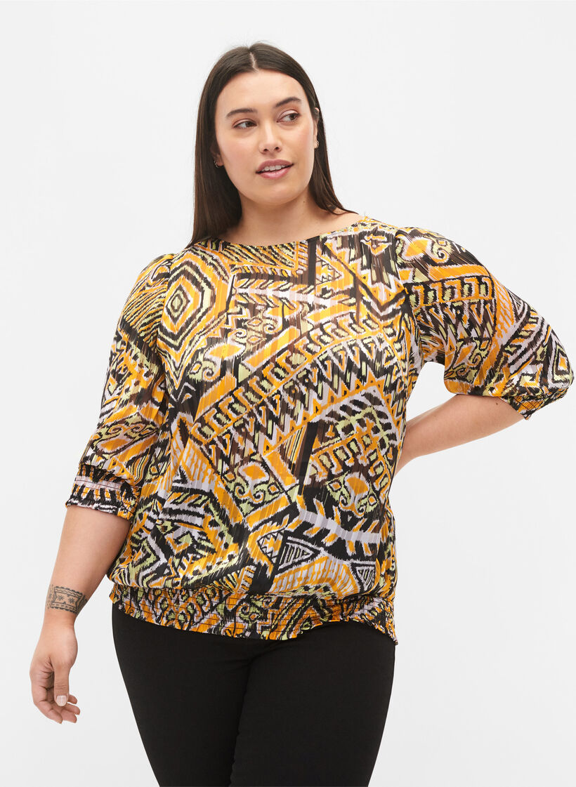 Bedruckte Bluse mit Smock und 3/4 Ärmeln, Yellow Aztec AOP, Model