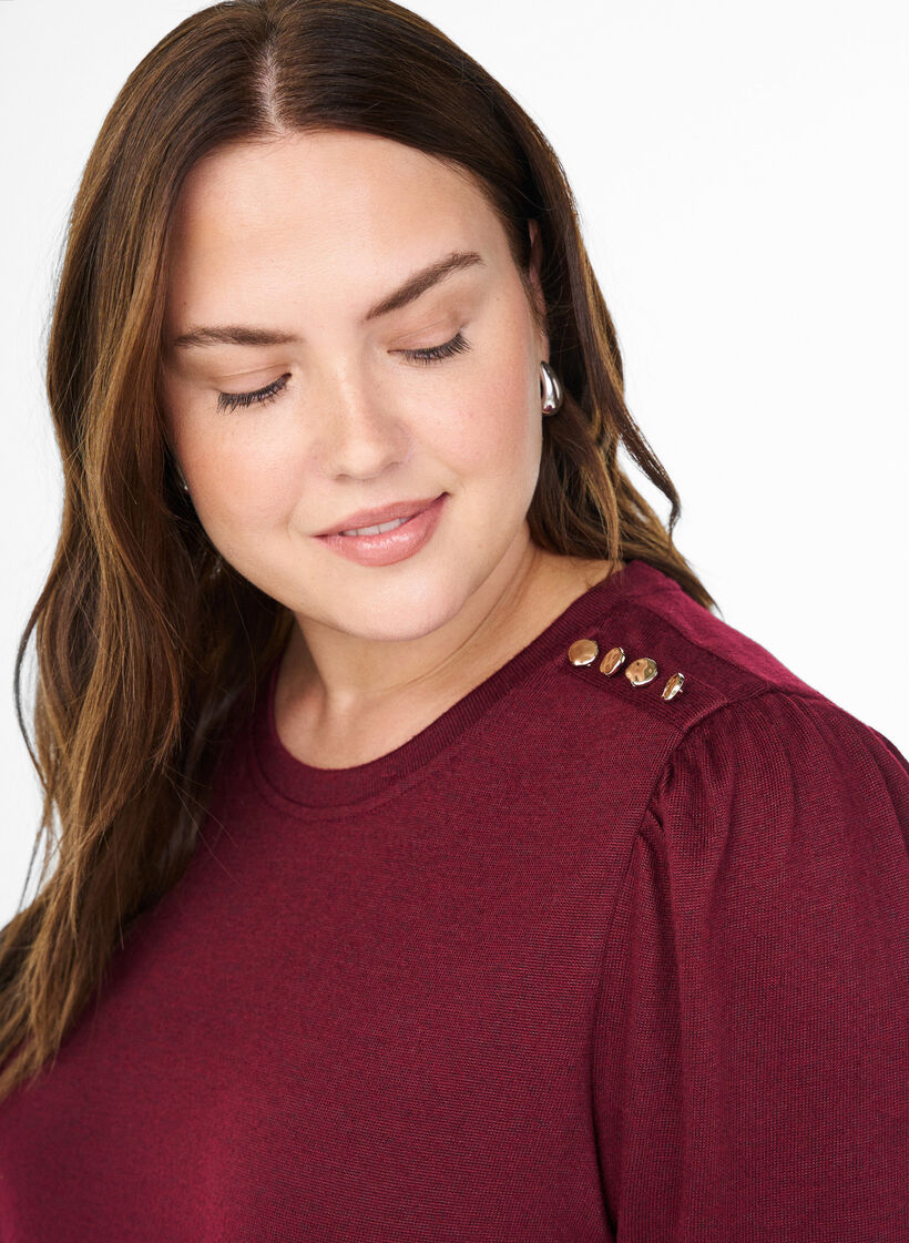 Bluse mit Knopfdetail und kurzen Puff&auml;rmeln, Dunkles Bordeaux, Model image number 3