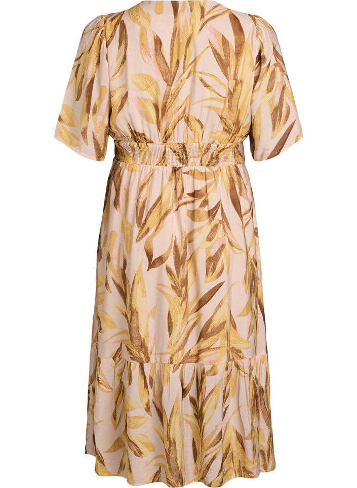 Midikleid aus Viskose mit Blattmuster und gesmokter Taille, Gelb, Packshot image number 1