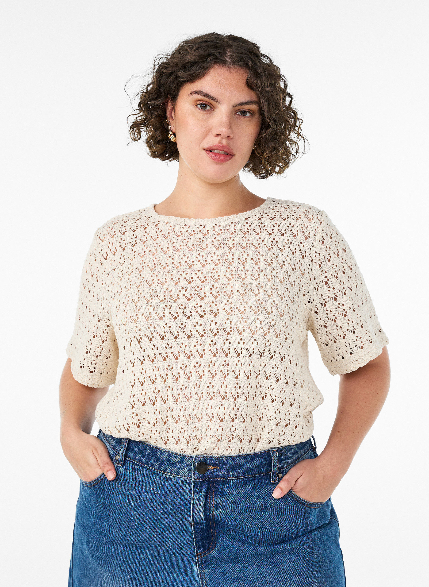 Kurz&auml;rmelige Bluse mit Lochstickerei, Beige, Model