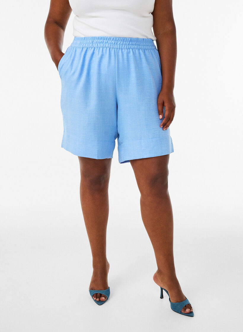 Shorts mit Taschen und hoher Taille, Blau, Model image number 0