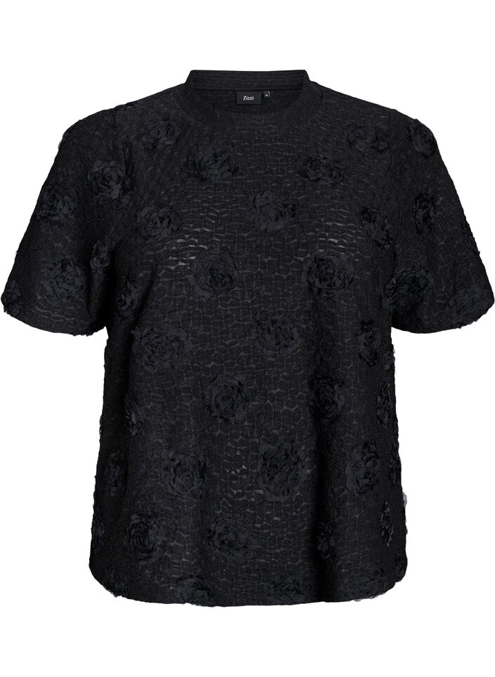Bluse mit 3D-Blumen und kurzen Ärmeln, Schwarz, Packshot image number 0