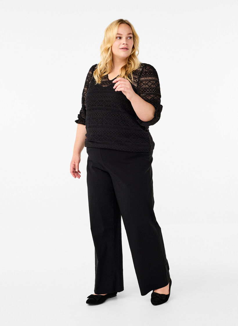 Bluse mit Lochmuster und 3/4-Ärmeln, Schwarz, Model image number 1