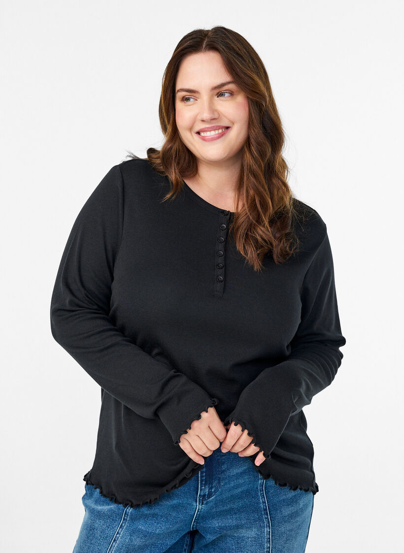 Jerseybluse mit Knöpfen und welligen Kanten, Schwarz, Model image number 0