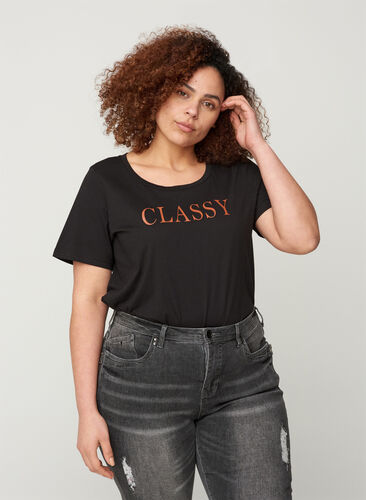 Kurzarm T-Shirt aus Baumwolle mit A-Linie, Black, Model image number 0