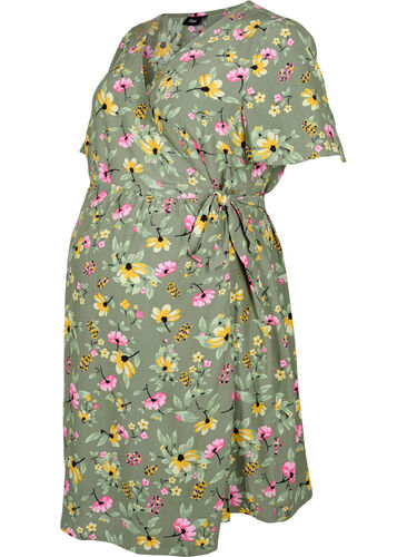 Schwangerschaftskleid aus Viskose mit Wickeleffekt, Green Flower Print, Packshot image number 0