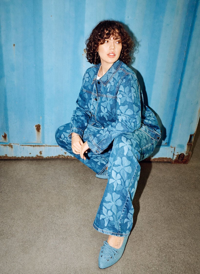 Gebl&uuml;mte Jeansjacke, Blau, Image image number 0