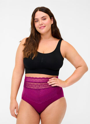 Super hochtaillierte Panty mit Spitze, Magenta purple, Model image number 1