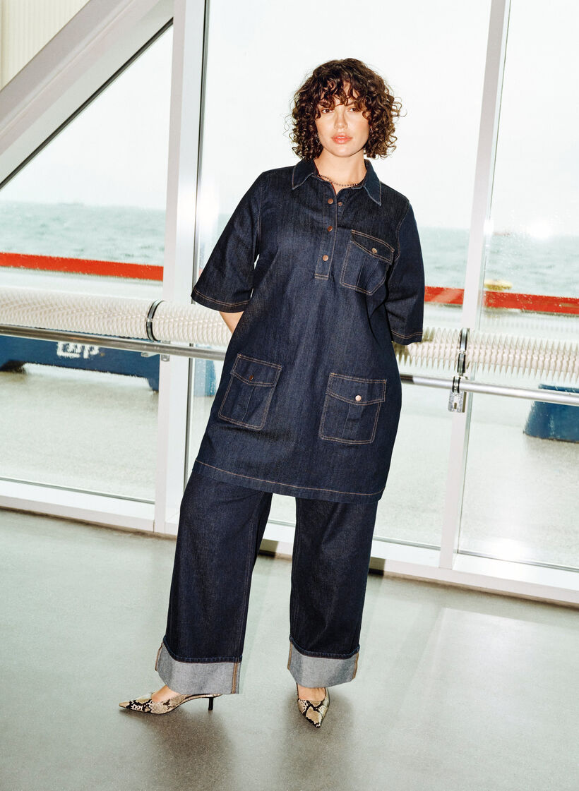 Jeanskleid mit gro&szlig;en Taschen und 3/4-&Auml;rmeln, Blau, Image image number 0