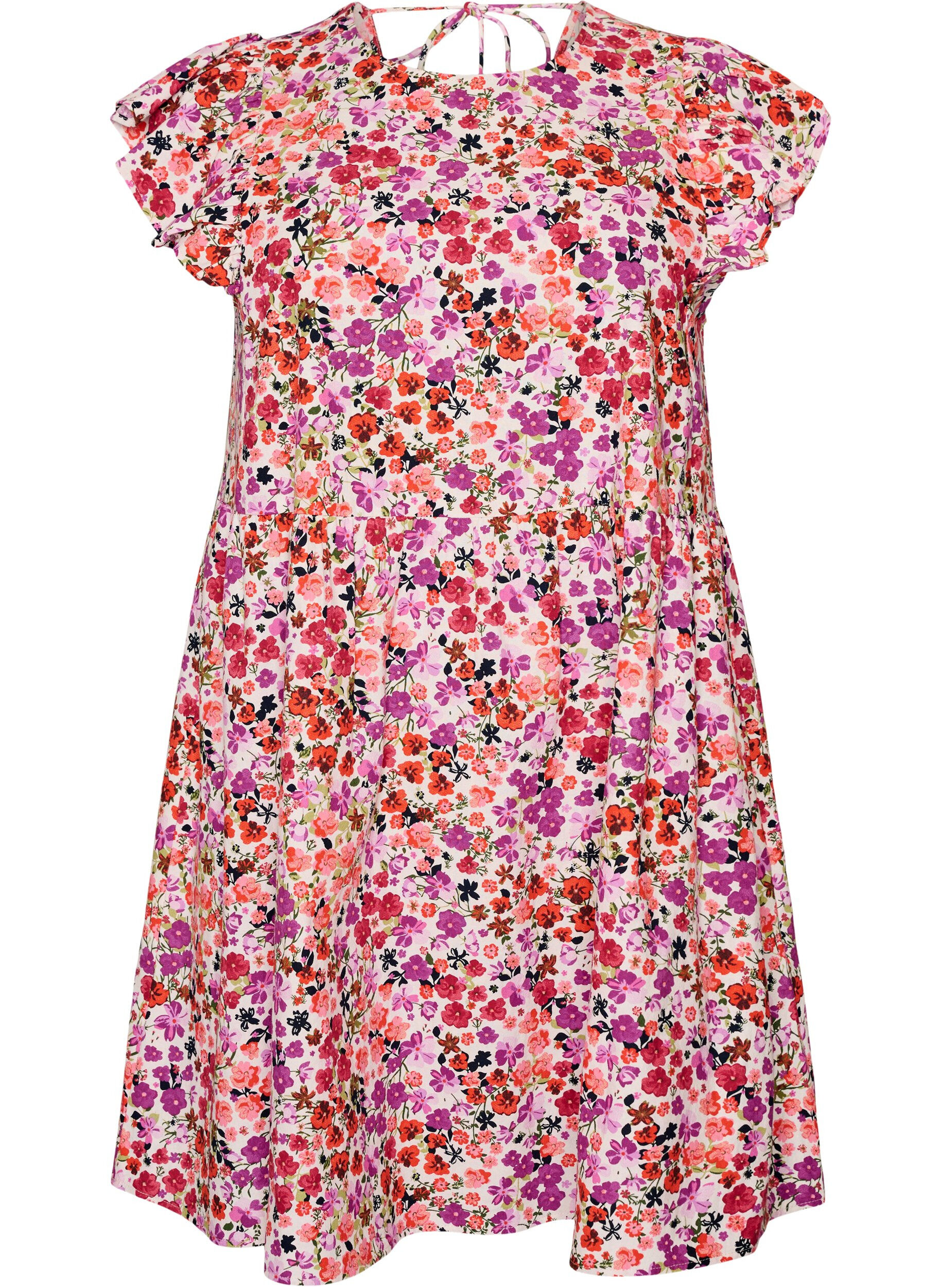 Gebl&uuml;mtes Kleid aus Baumwolle mit R&uuml;schen und V-Ausschnitt
