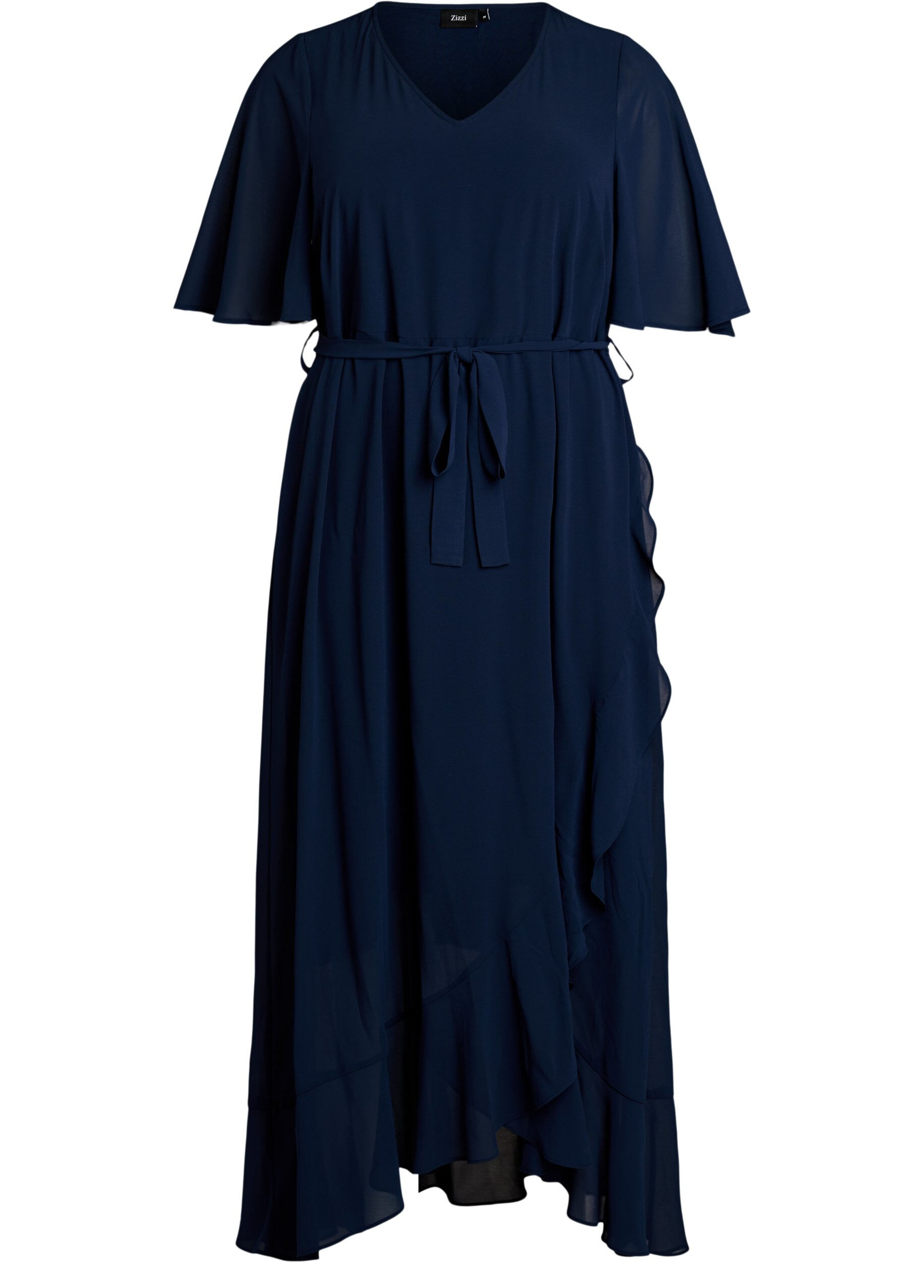 ZizziMaxikleid aus Chiffon mit V-Ausschnitt und R&uuml;schensaum, Blau, Packshot image number 0