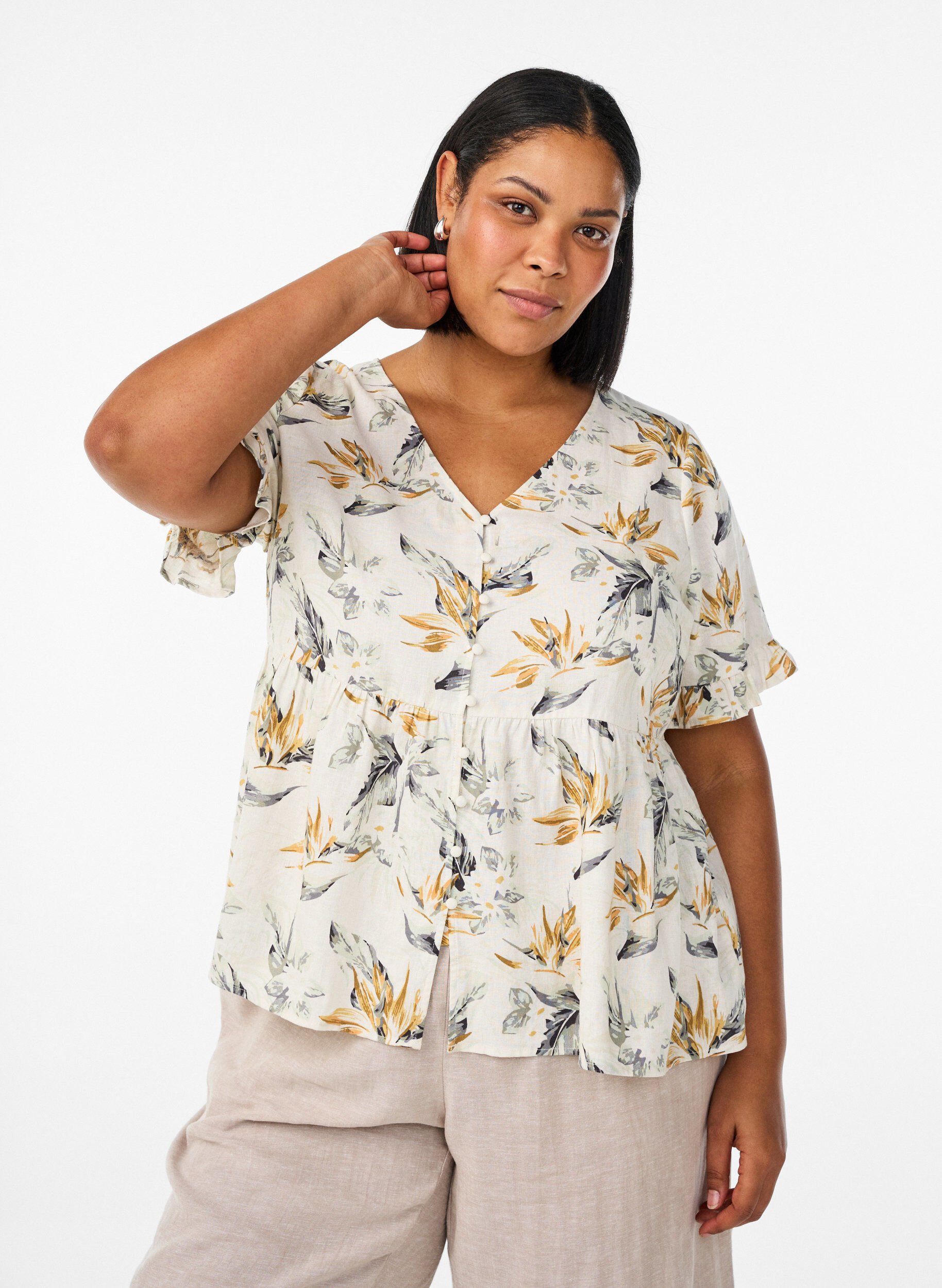 ZizziBluse aus Leinen und Viskose mit V-Ausschnitt und Knopfverschluss, Wei&szlig;, Model image number 0