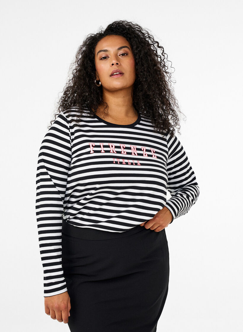 Geblümte Bluse mit Muster, White w.Black Stripe, Model image number 0