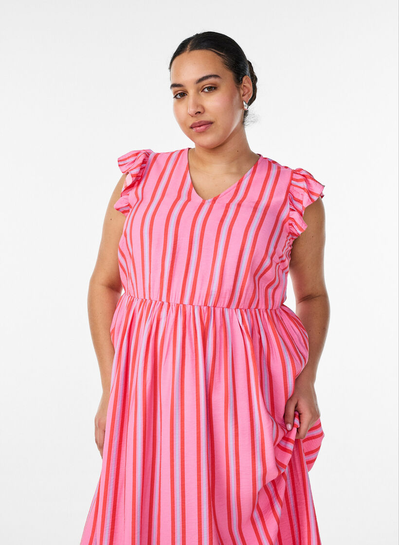 Gestreiftes Midikleid mit Empire-Schnitt und R&uuml;schen, Pink, Model image number 2