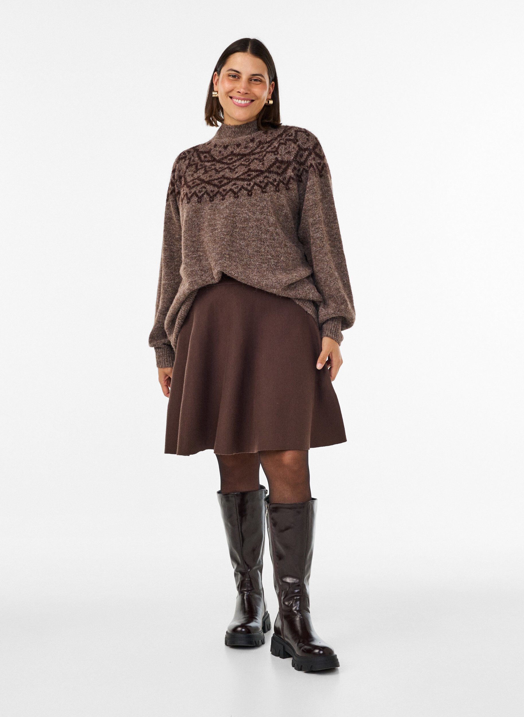 ZizziKurzer Strickrock in A-Linie, Braun, Model image number 1