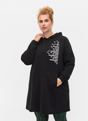 Langes Sweatshirt mit Kapuze und Taschen, Black, Model image number 0