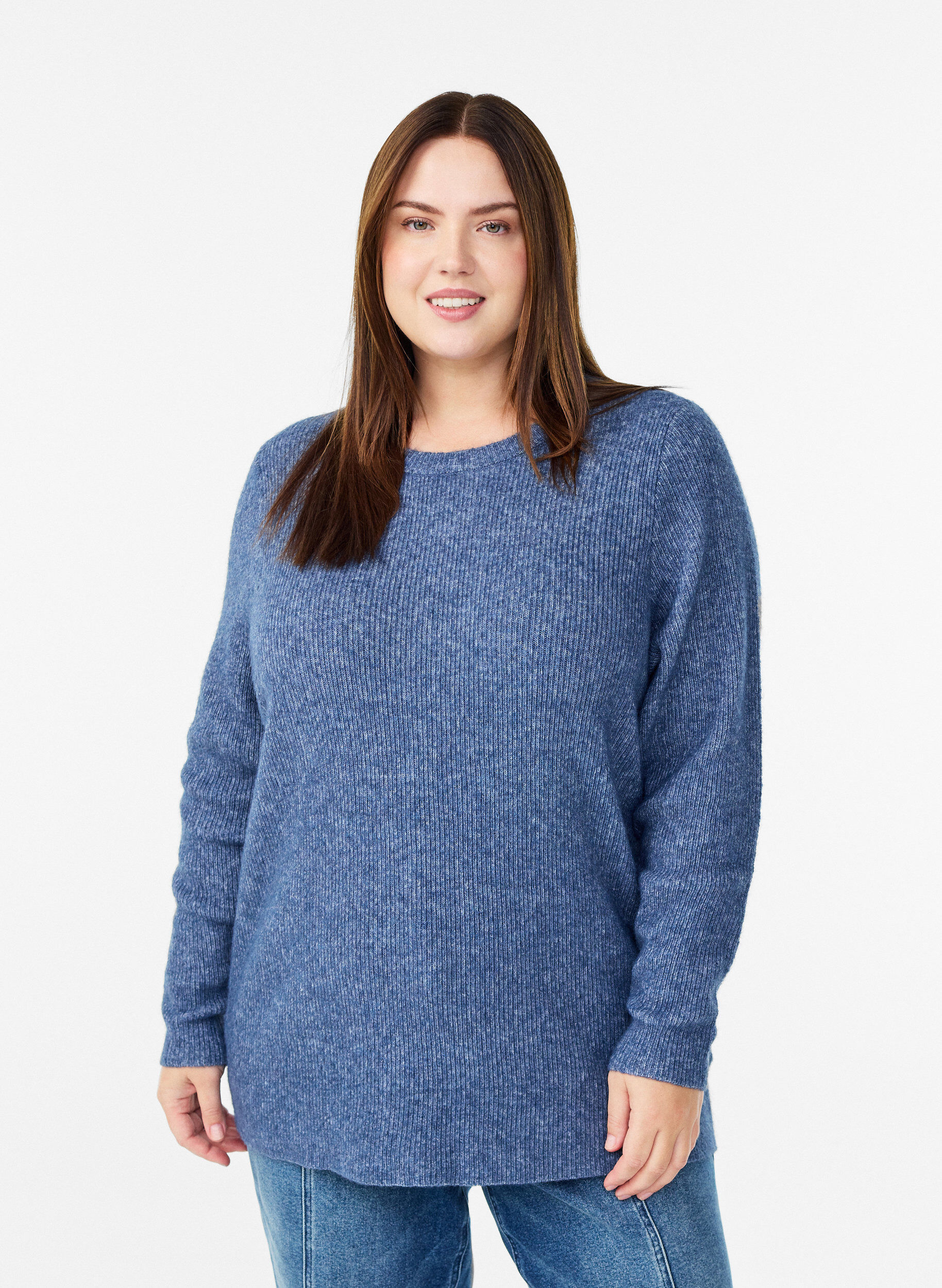 Melierte Strickbluse mit Rundhalsausschnitt, Blau, Model
