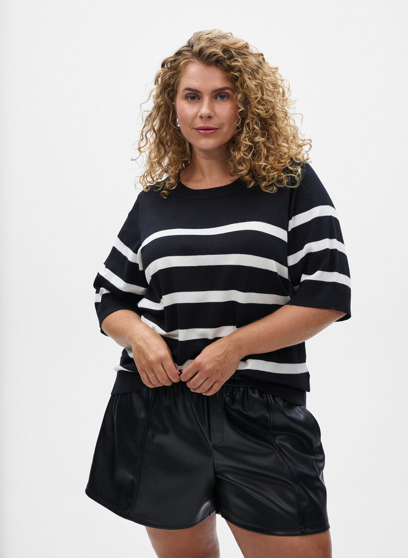 Gestreiftes Stricktop mit kurzen &Auml;rmeln, Schwarz, Model image number 0