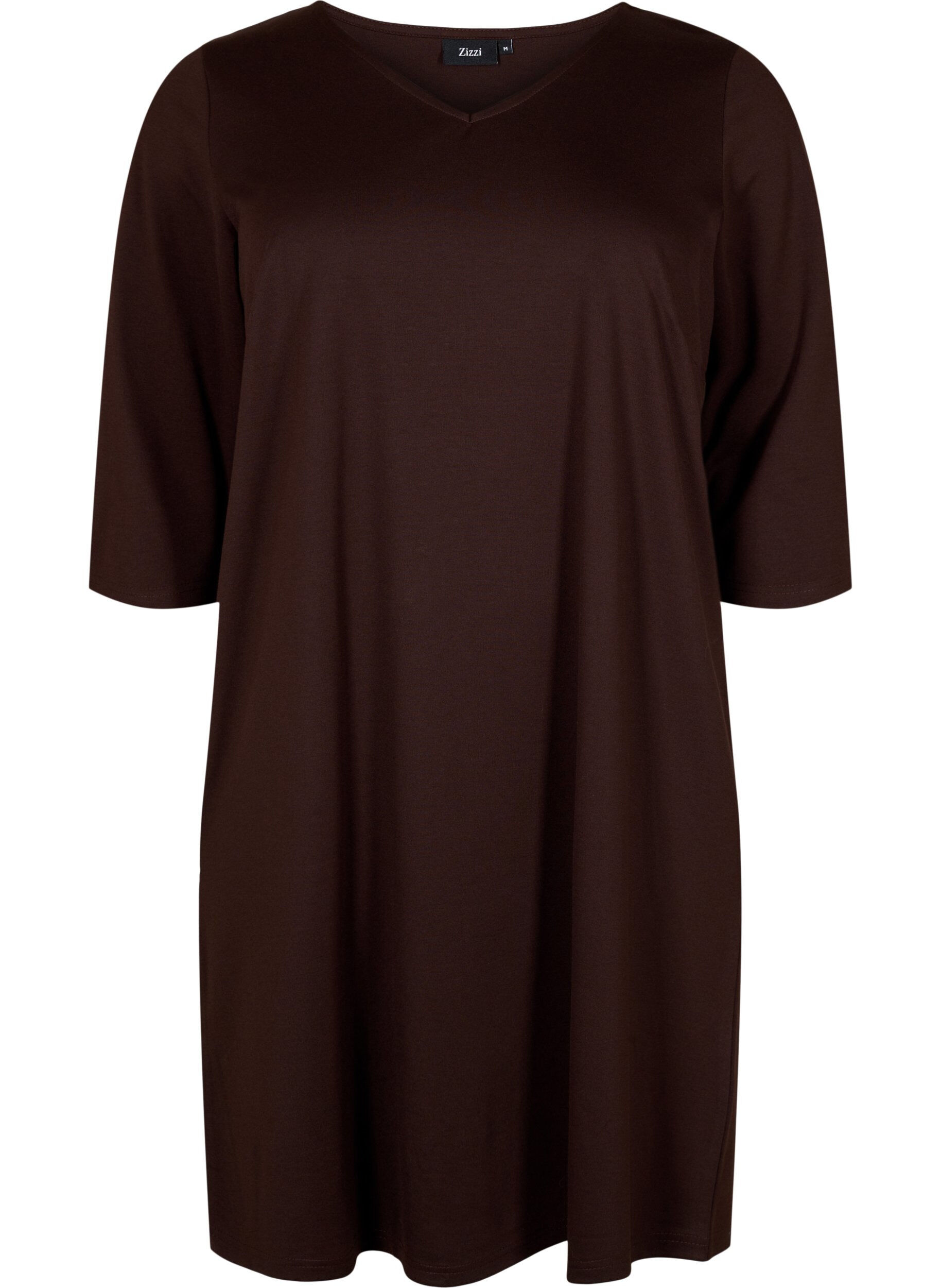 ZizziEinfarbiges Kleid mit V-Ausschnitt und 3/4 &Auml;rmeln, Coffee Bean, Packshot image number 0