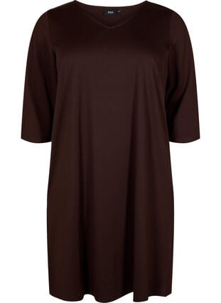 Einfarbiges Kleid mit V-Ausschnitt und 3/4 Ärmeln, Coffee Bean, Packshot image number 0