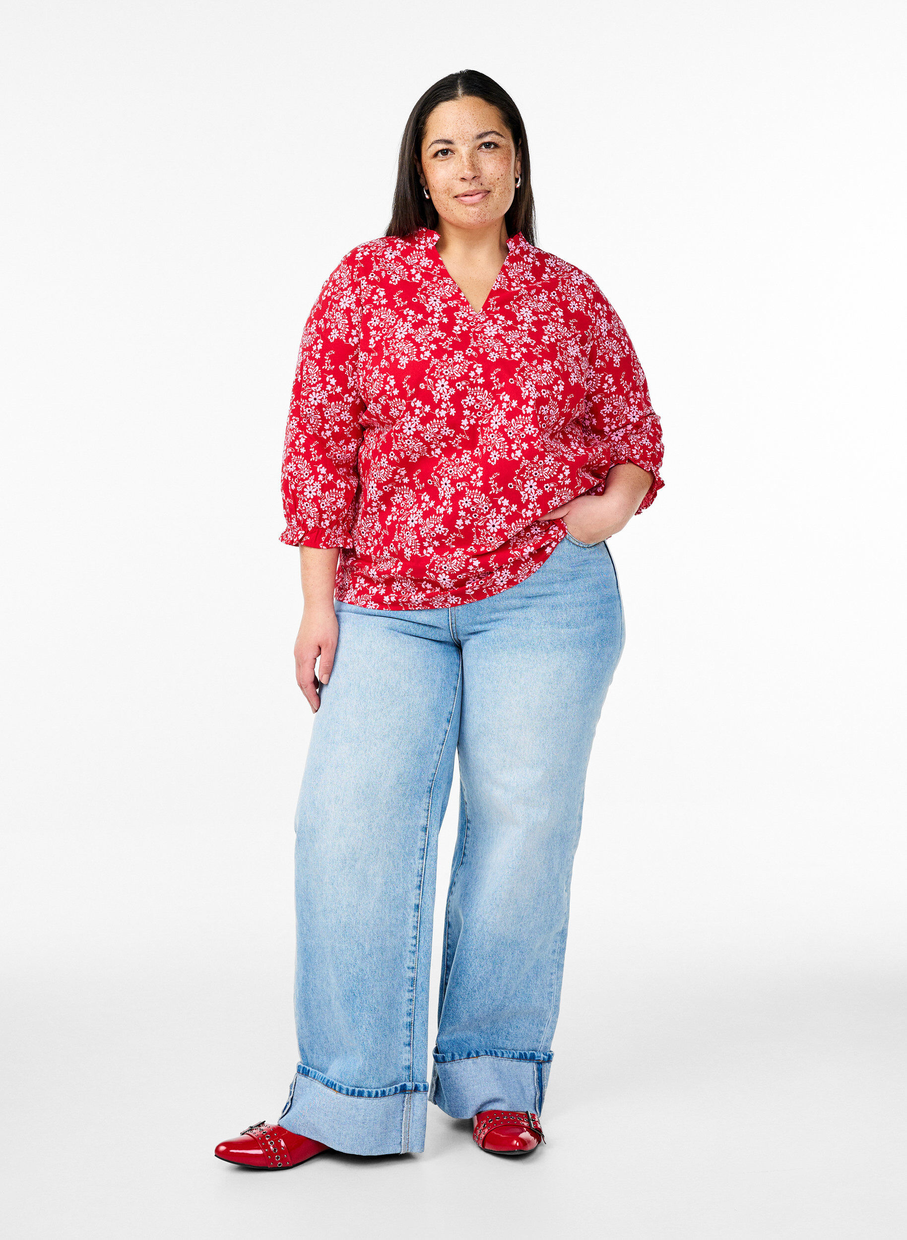 ZizziGebl&uuml;mte Bluse aus Baumwolle, Rot, Model image number 1