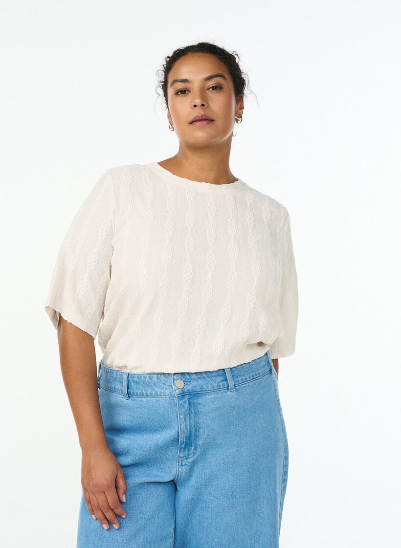 Bluse mit Strukturmuster und kurzen &Auml;rmeln, Beige, Model image number 0