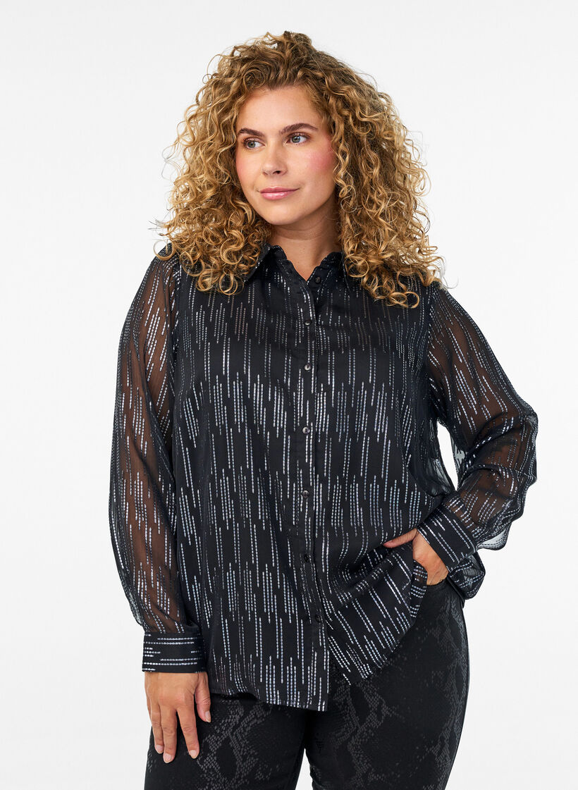 Bluse mit glitzerndem Muster, Schwarz, Model image number 0