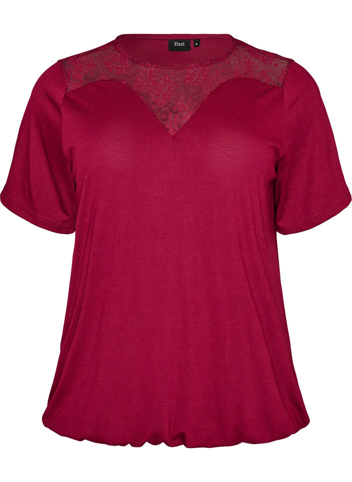 Bluse mit Spitzeneinsatz und Ballon&auml;rmeln, Rot, Packshot image number 0