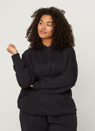 Baumwollsweatshirt mit Kapuze und Tasche, Black, Model image number 0