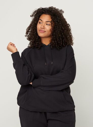 Baumwollsweatshirt mit Kapuze und Tasche, Black, Model image number 0